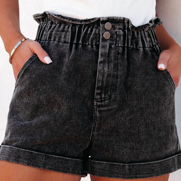🖤 Black Vintage Washed Frilled High-Waist Denim Shorts – Sizes 12, 14, 16 - Picture 1 of 7